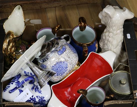 A set of three Victorian lustre jugs, a Sylvac dog, a cheese wedge, etc.